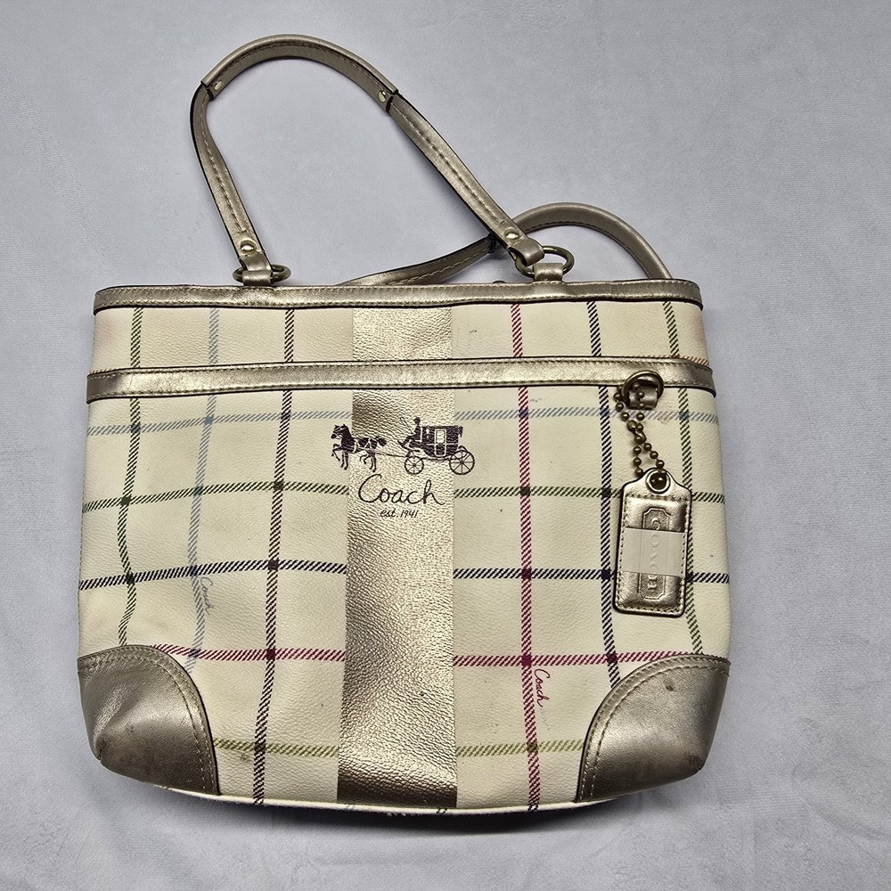 Coach Heritage Plaid‎ Bag Tote Purse brown Stripe 13032 *read*